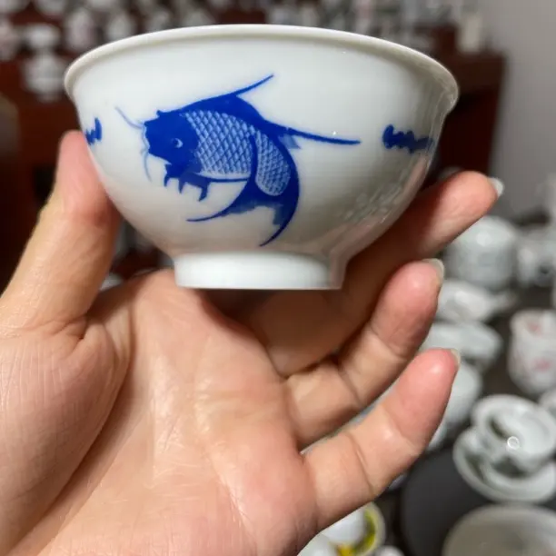 群力鱼乐图茶碗薄胎瓷耐用高端定制家用好瓷