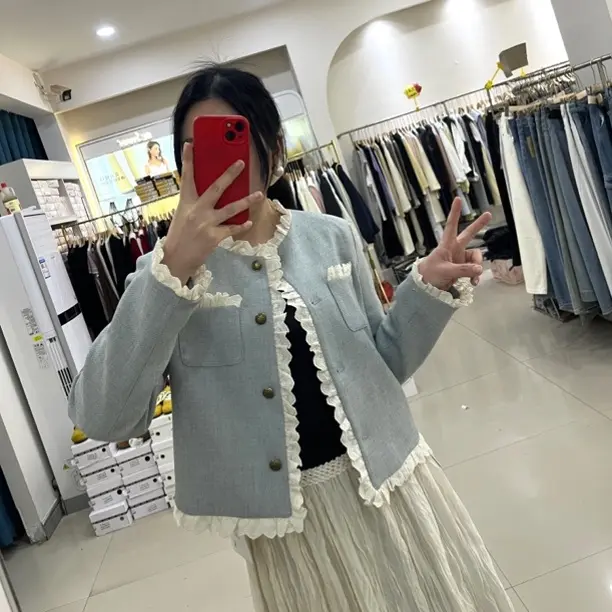 圆点短款街头风小香风常规短外套休闲开衫女装蓝色粗花呢百搭