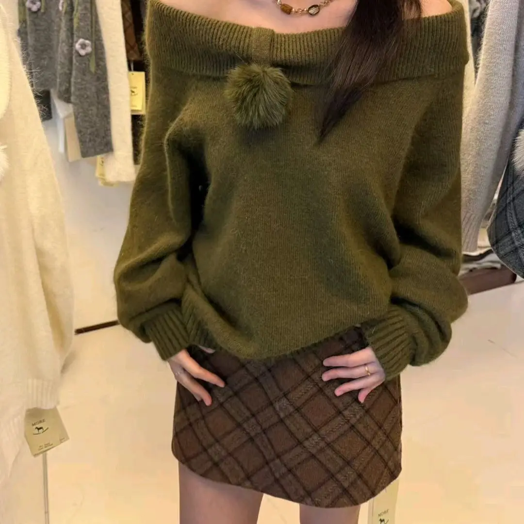 8635韩系慵懒风一字肩拉毛毛衣女秋冬保暖气质毛球上衣