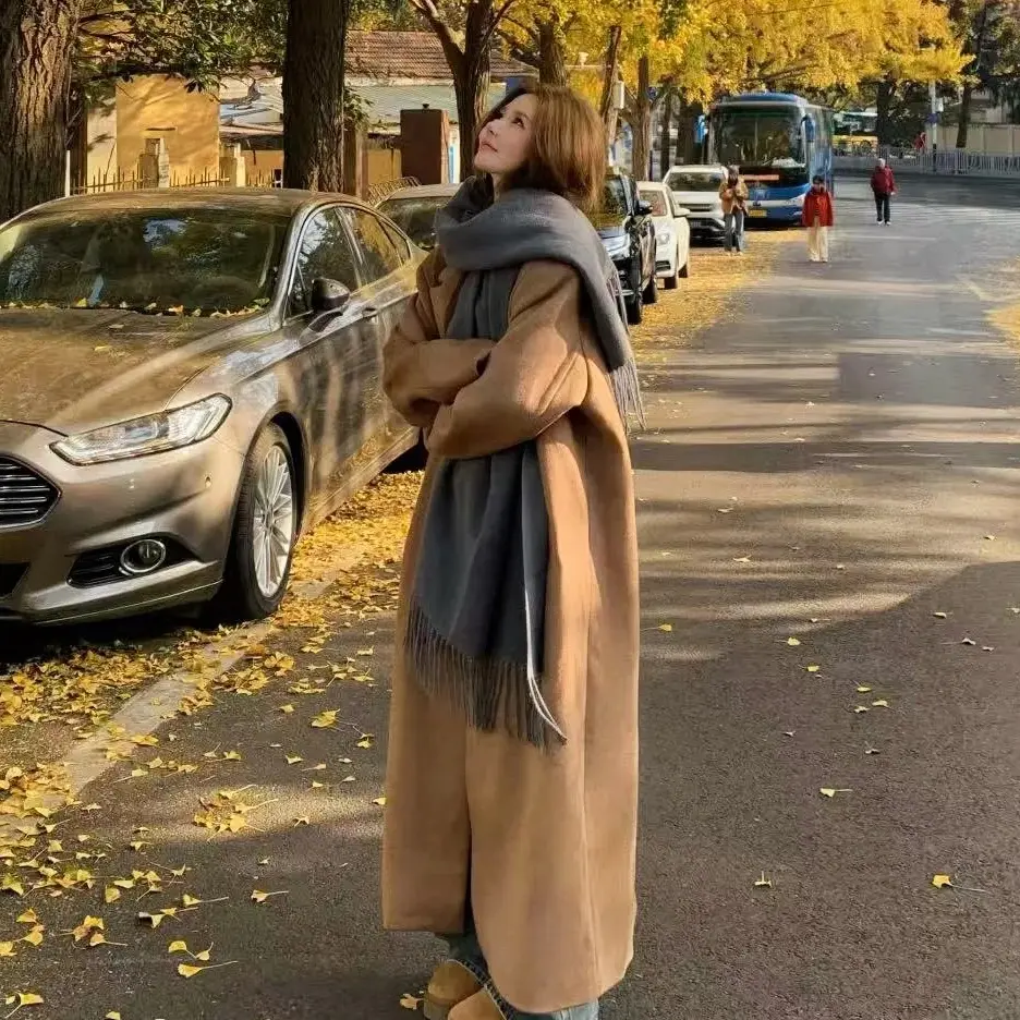 正肩款加棉韩版宽松长款双面毛呢大衣