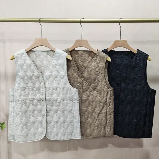 【Hua】192秋冬季新品休闲百搭轻薄保暖V领骆驼绒绗缝纯色无袖马夹