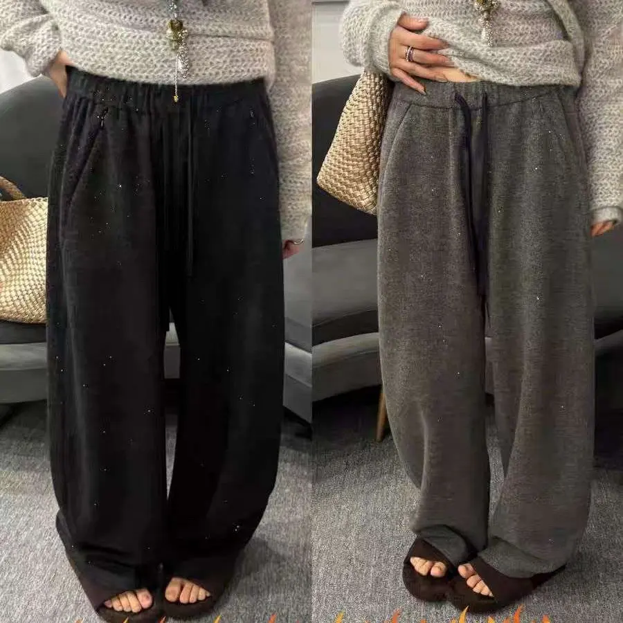 秋冬季加绒加厚高腰撒银显瘦弯刀裤女星空亮闪闪阔腿休闲裤子
