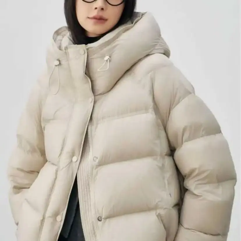 韩版设计感针织泡芙女冬新款加厚短款连帽保暖白鸭绒羽绒外套