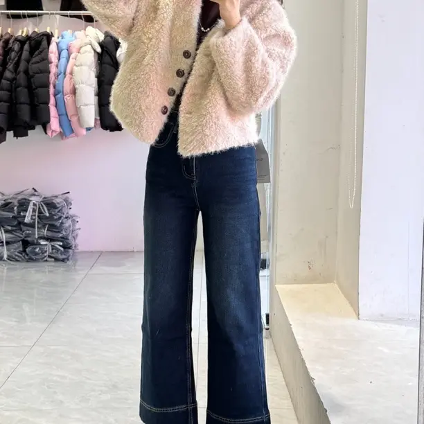 2025秋冬植绒高腰直筒弹力九分牛仔裤小个子不贴腿显瘦