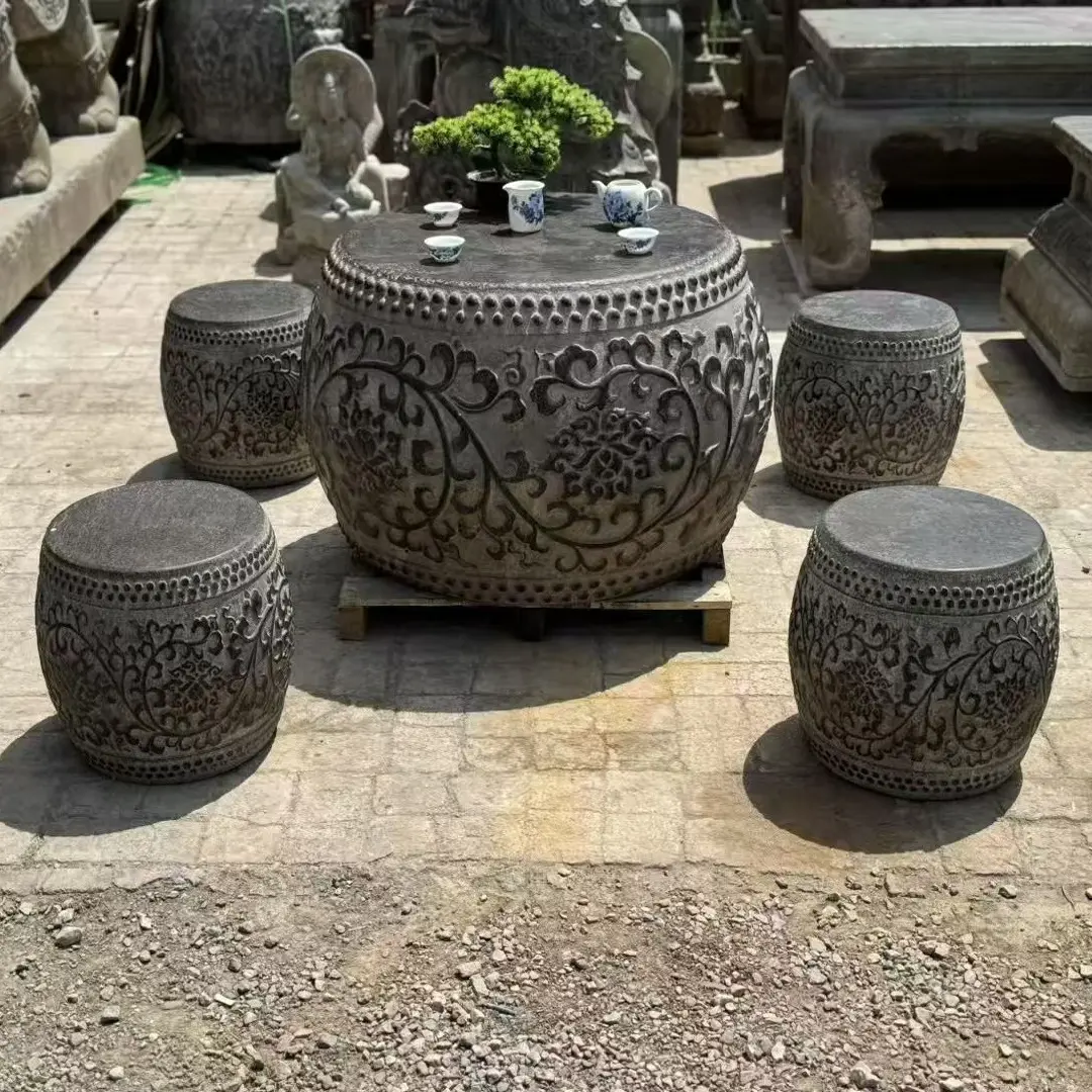 黑青石•缠枝莲石桌石凳家用石头桌子别墅庭院石桌仿古桌子凳子