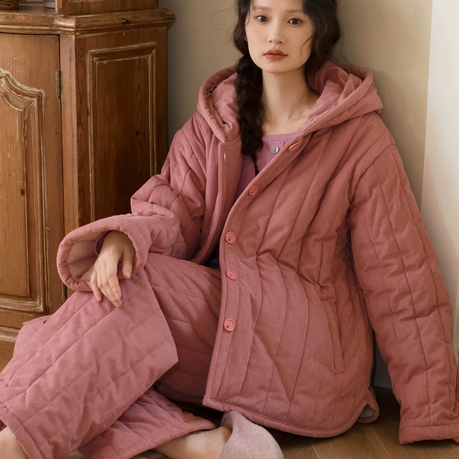 连帽三层加厚夹棉加绒宽松冬季保暖可外穿睡衣家居服套装