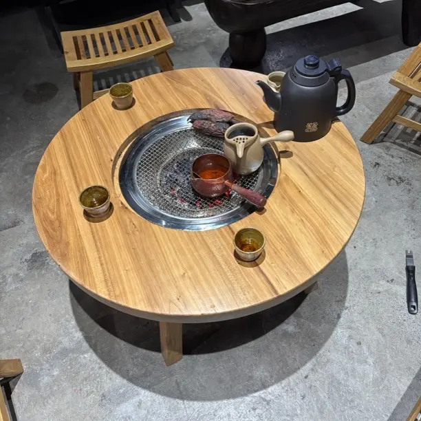 煮茶冰茶实木茶桌圆形阳台庭院火锅烧烤复古茶台