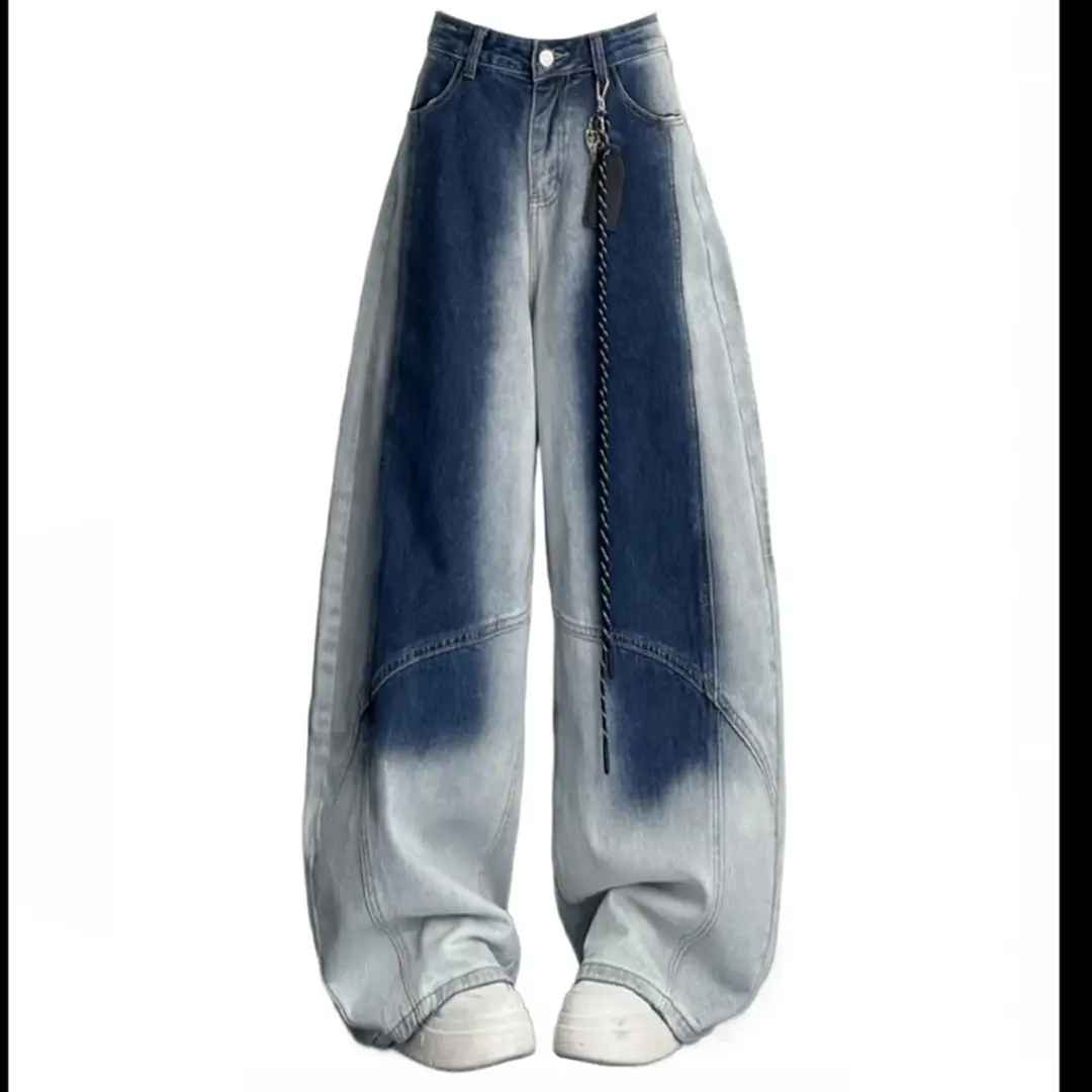 美式渐变高腰阔腿直筒镰刀牛仔裤女秋冬垂感拖地休闲裤