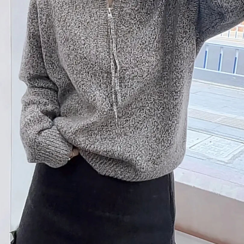 冬季翻领保暖针织衫韩版宽松拉链毛针织衫休闲风上衣