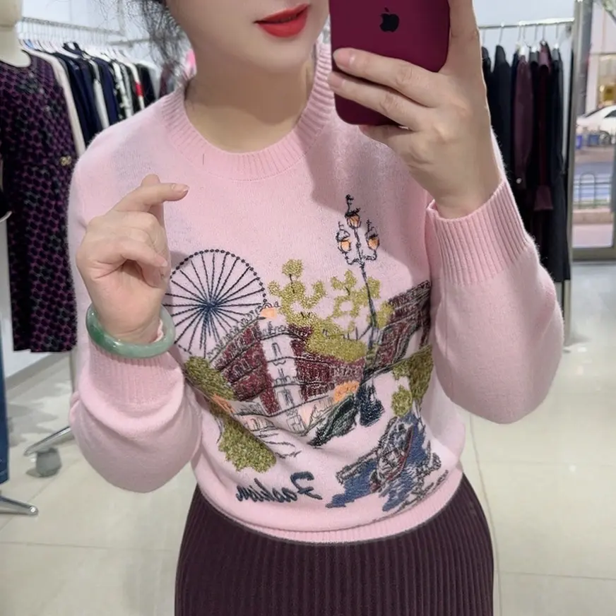 毛衣刺绣圆领中长款长袖秋季打底衫厚款衫字母