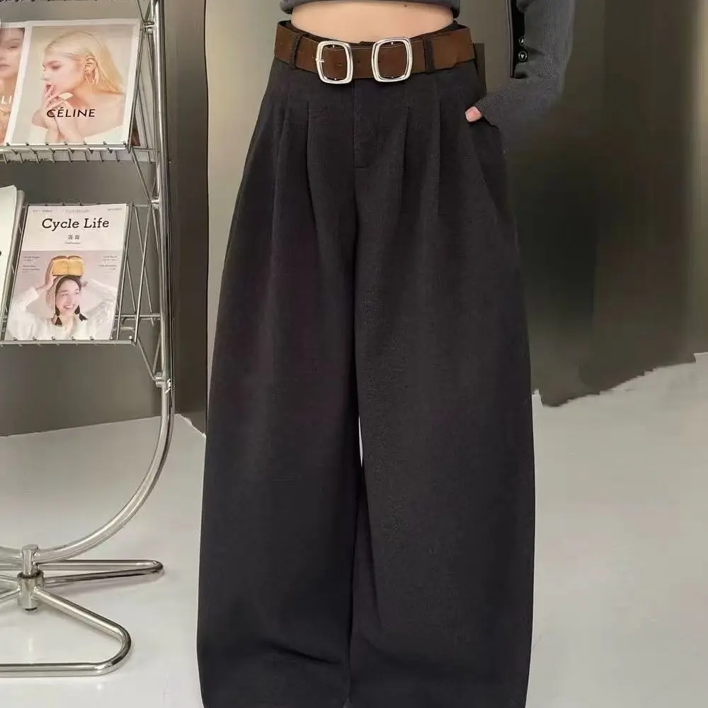 秋冬新款磨毛阔腿休闲裤配腰带舒适百搭通勤直筒拖地裤