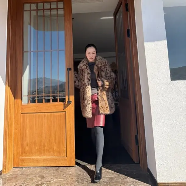 人造皮草 豹纹中长款皮草外套