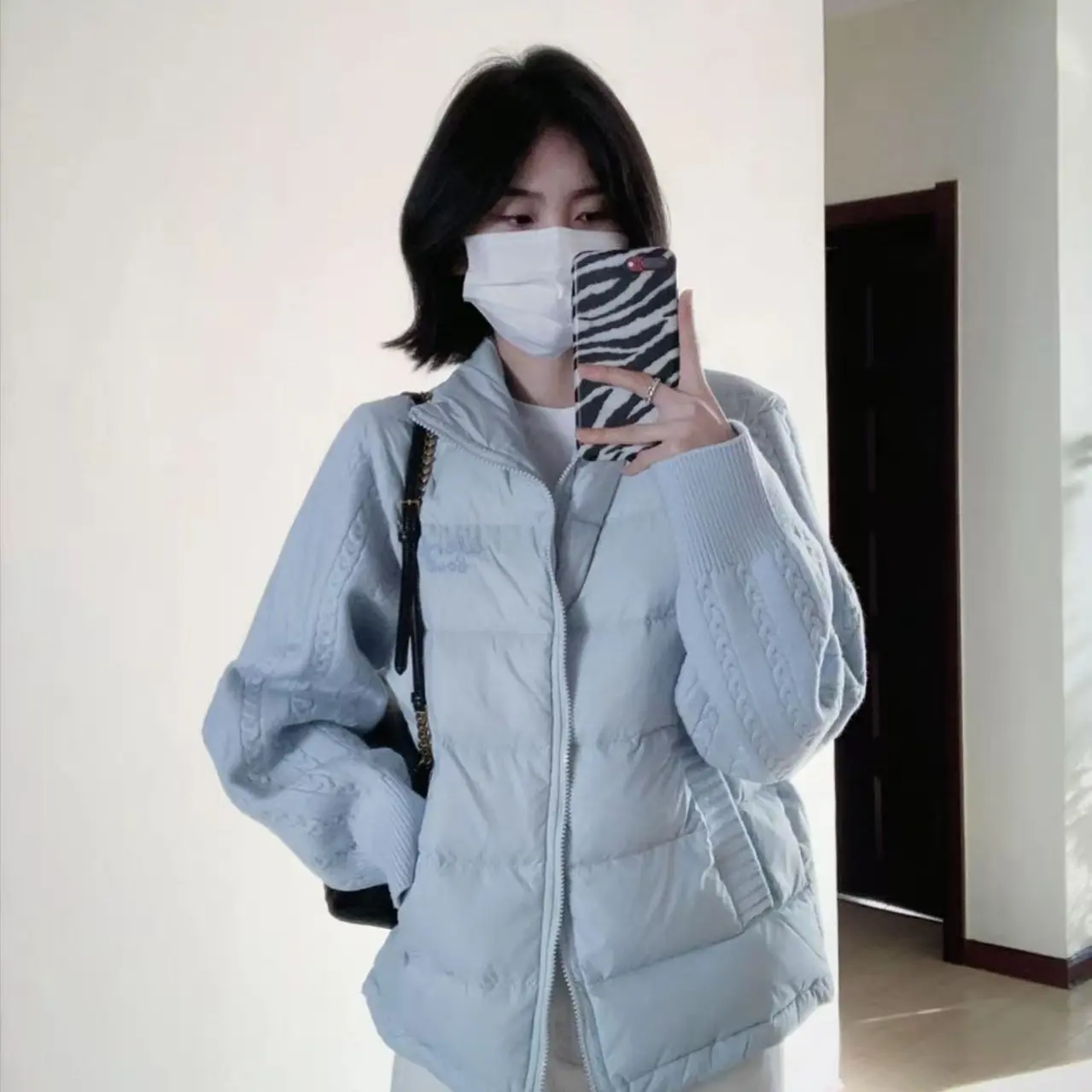 法式文艺通勤风拼接蓝色针织棉服外套时尚加厚保暖冬日设计外套