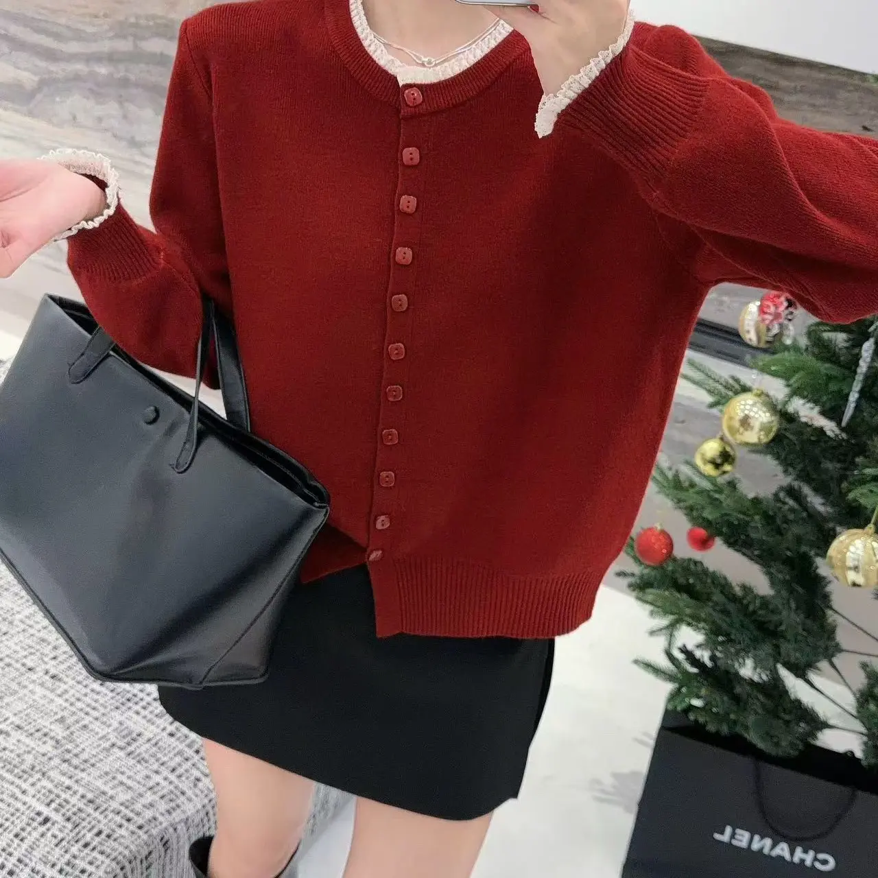 韩系蕾丝花边针织开衫女秋冬慵懒风显瘦百搭长袖毛衣上衣