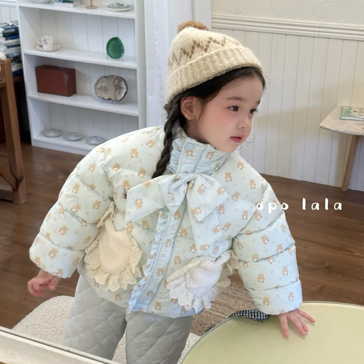 【opolala】2025秋冬短款女童印花小熊蝴蝶结棉服外套
