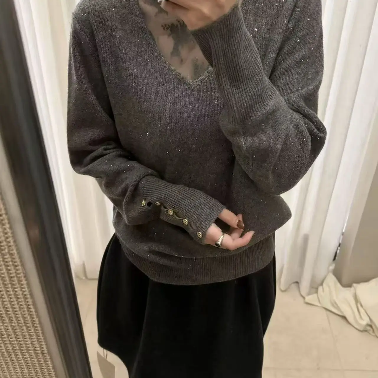 新款秋冬韩系蕾丝拼接宽松百搭长袖针织衫女毛衣上衣