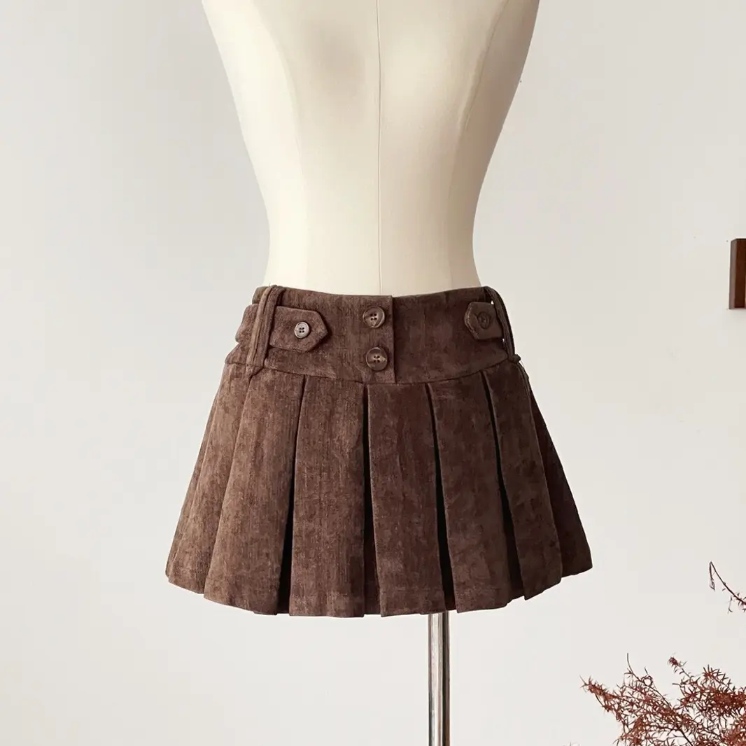 美拉德风咖色鹿皮绒百褶短裙女秋季高腰显瘦辣妹风a字半身裙