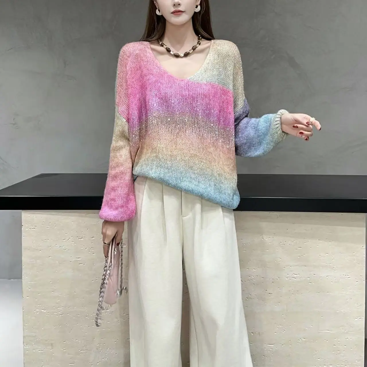 长袖V领慵懒风拼色毛针织衫女装厚款针织拼接针织衫上衣