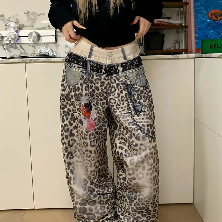 美式辣妹豹纹印花牛仔裤女宽松显瘦直筒百搭阔腿拖地裤