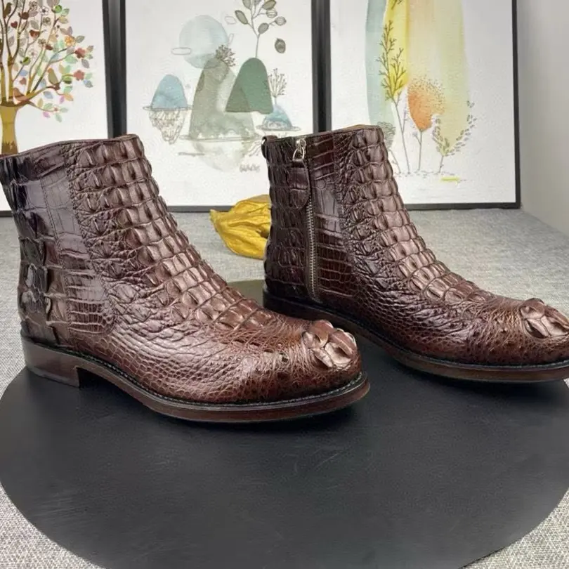 新款全鳄鱼皮男士高帮尖头英伦风休闲马丁靴