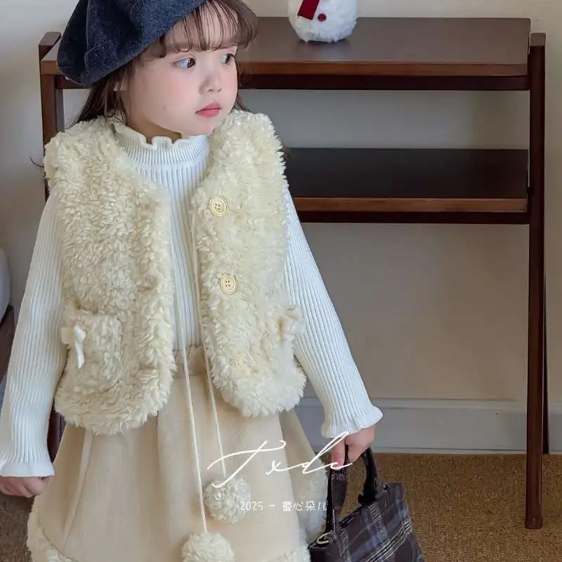女童新款秋冬洋气小香风毛绒马甲皮裙套装甜美冬装