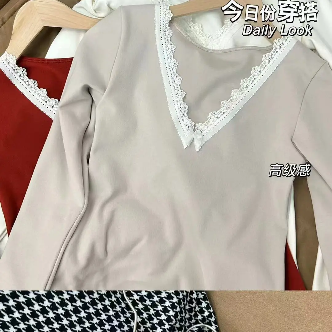 女士秋冬蕾丝V领蚕丝保暖套装内搭修身显瘦打底秋衣秋裤