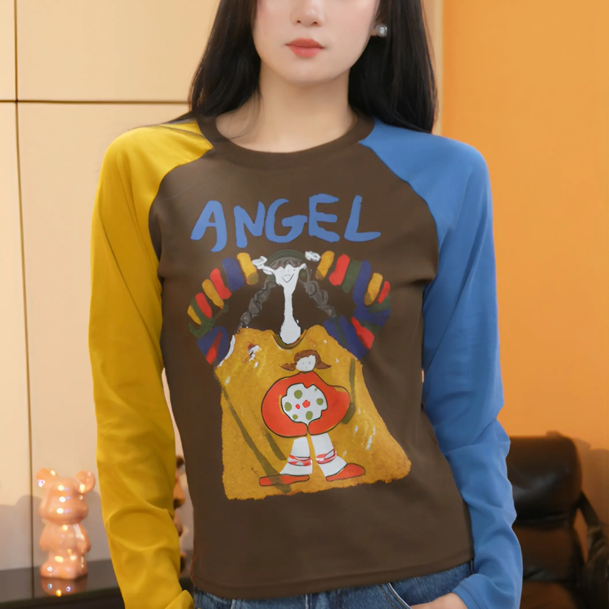 【街头混搭】秋冬撞色插肩袖印花上衣女时尚设计感宽松百搭休闲长袖