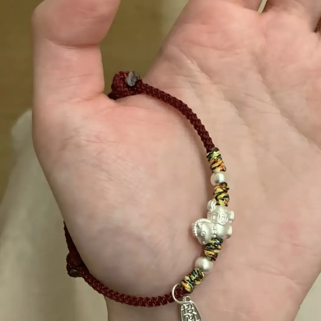 足银布艺手链 WH足银999生肖马本命年红绳情侣手链新年礼物