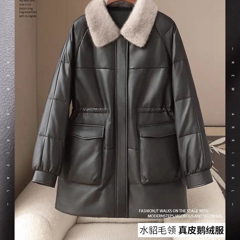 头层绵羊皮女士真皮鹅绒水貂领专柜正品孤品