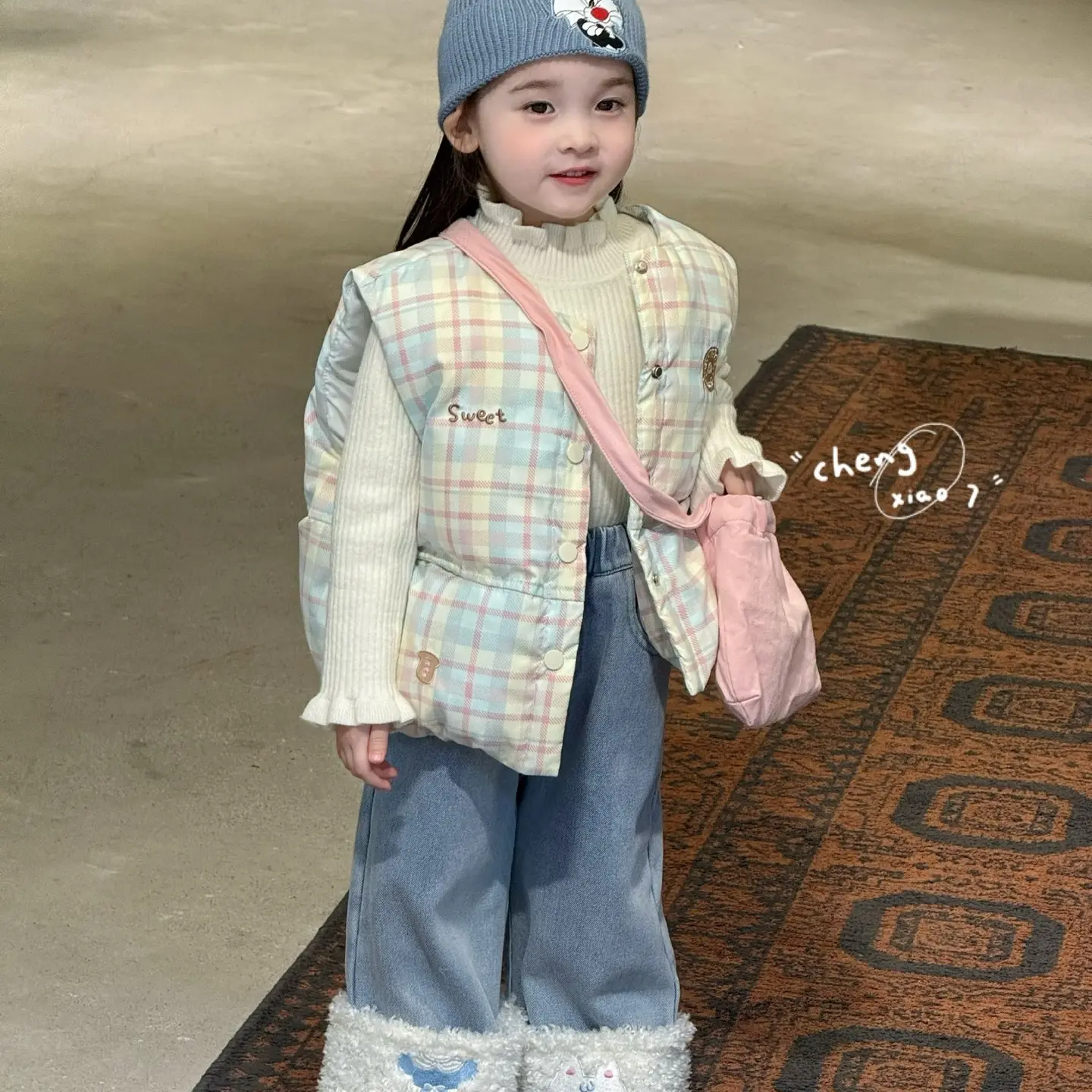 【橙小七】2025秋冬女童格子羽绒马甲木耳花边打底毛边刺绣牛仔裤