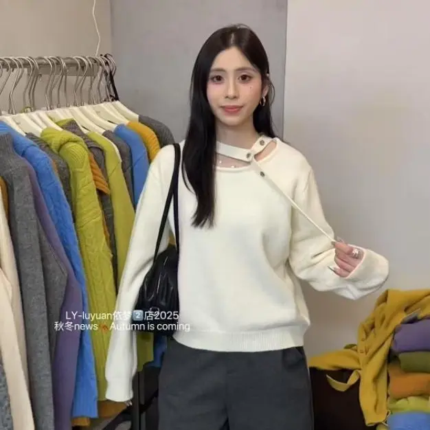 韩系挂脖飘带设计感针织衫秋冬新款时尚上衣