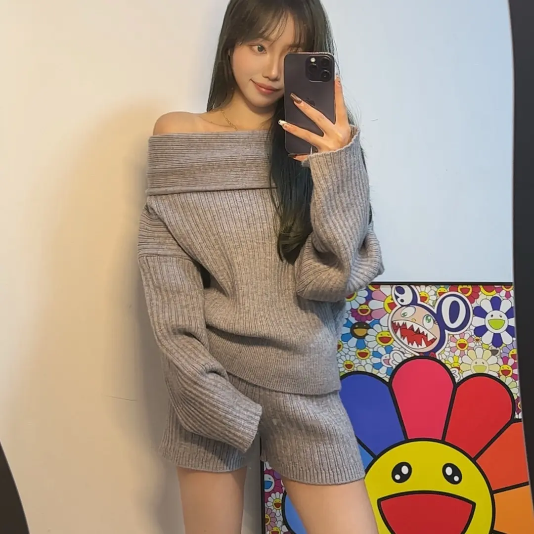 韩系慵懒风针织套装一字肩毛衣高腰显瘦包臀针织短裤女秋