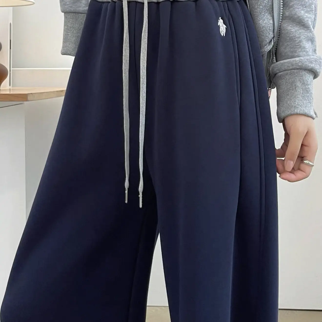 小马裤加绒美式高腰宽松拼色显瘦弯刀阔腿休闲卫裤冬款
