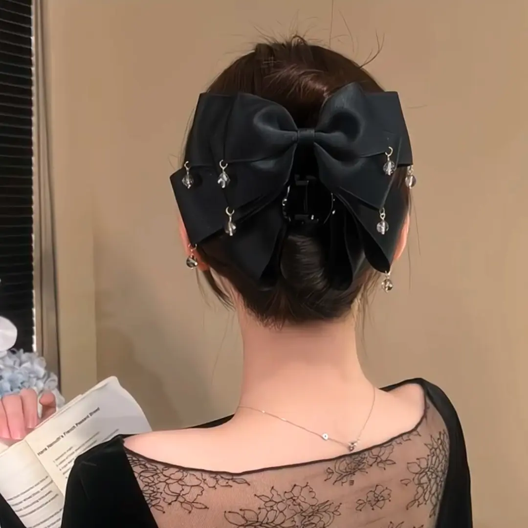 韩版多层蝴蝶细闪蝴蝶结抓夹水晶流苏珠珠发夹优雅百搭鲨鱼夹头饰