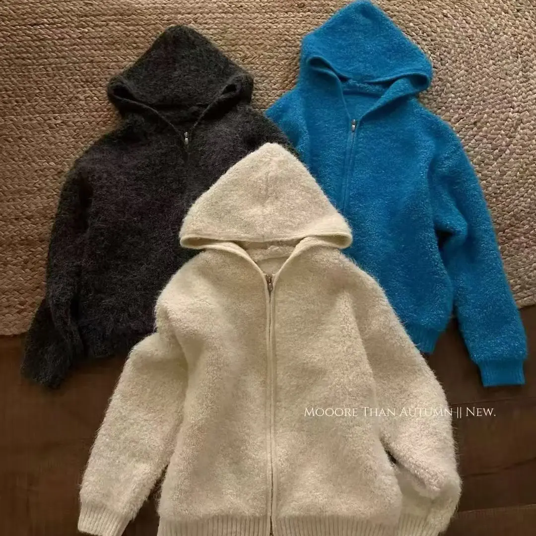 纯色慵懒风宽松连帽针织毛衣洋气外套女秋冬加厚保暖百搭开衫上衣