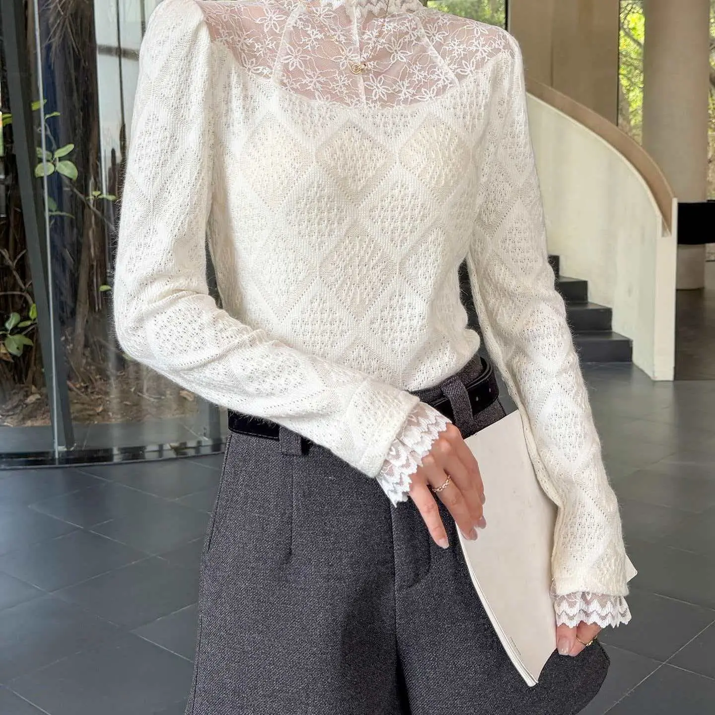 秋冬宝宝绒新款法式洋气蕾丝拼接半高领长袖打底衫内搭上衣