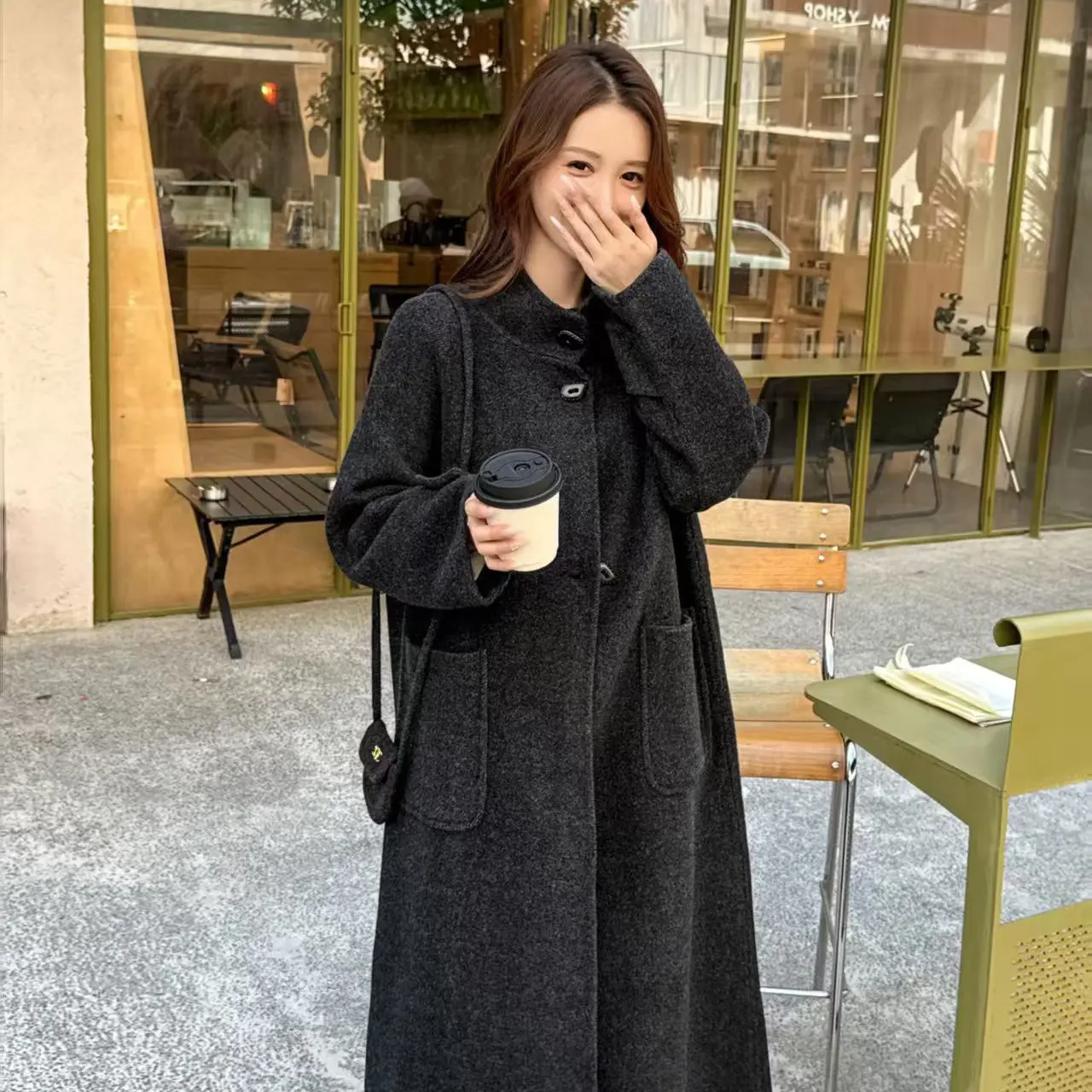 秋冬立领长款宽松女士毛呢双面大衣时尚减龄设计