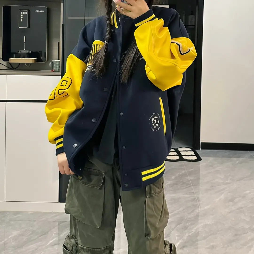 FD徽章拼接撞色夹棉棒球领外套美式宽松男女同款