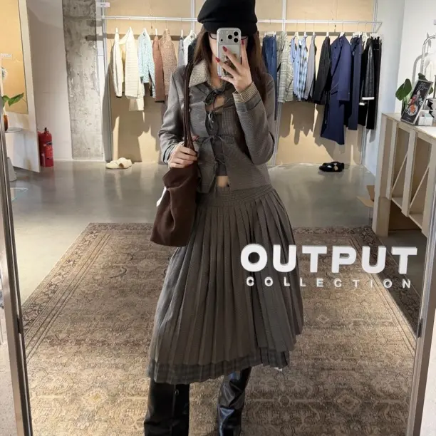 SADDOG 25AW 上千鸟格长下黄格双层百褶半裙