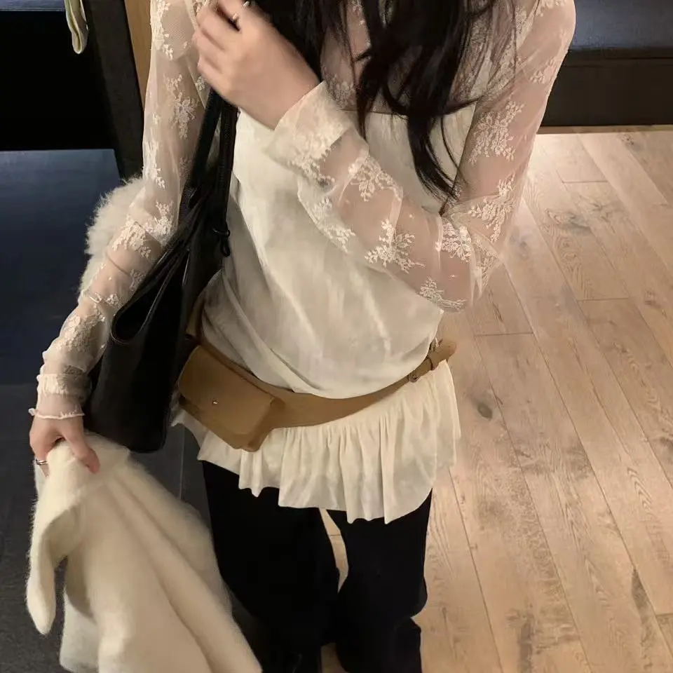 秋冬加绒洋气蕾丝网纱叠穿长袖打底衫女内搭小衫