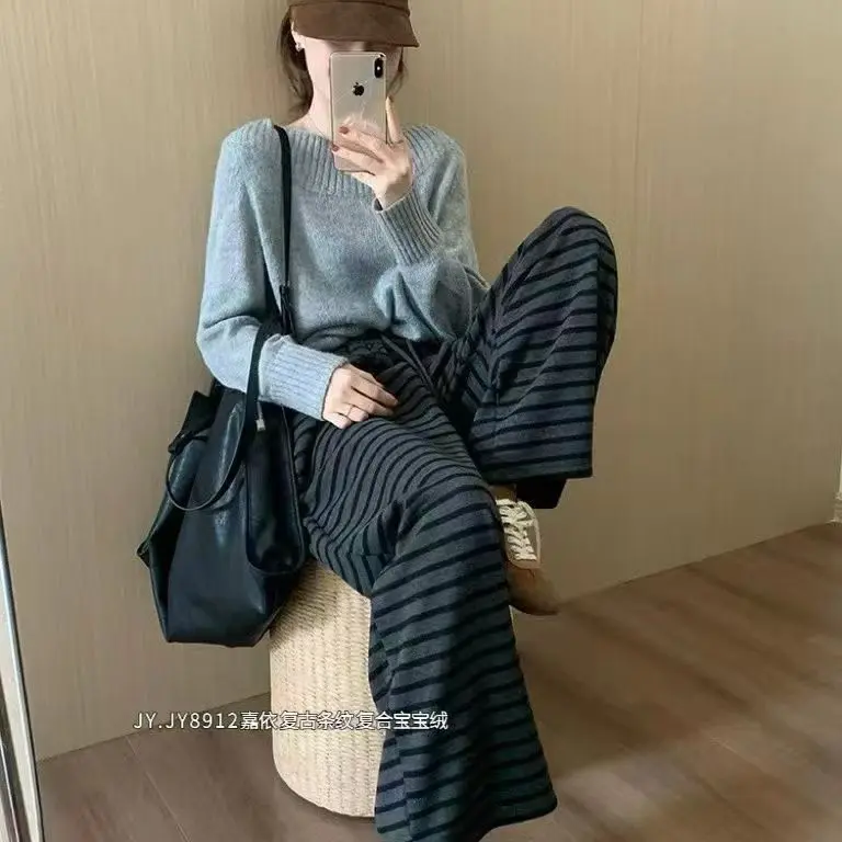 撞色条纹加绒加厚阔腿裤女高腰拖地长裤慵懒感休闲裤秋冬季