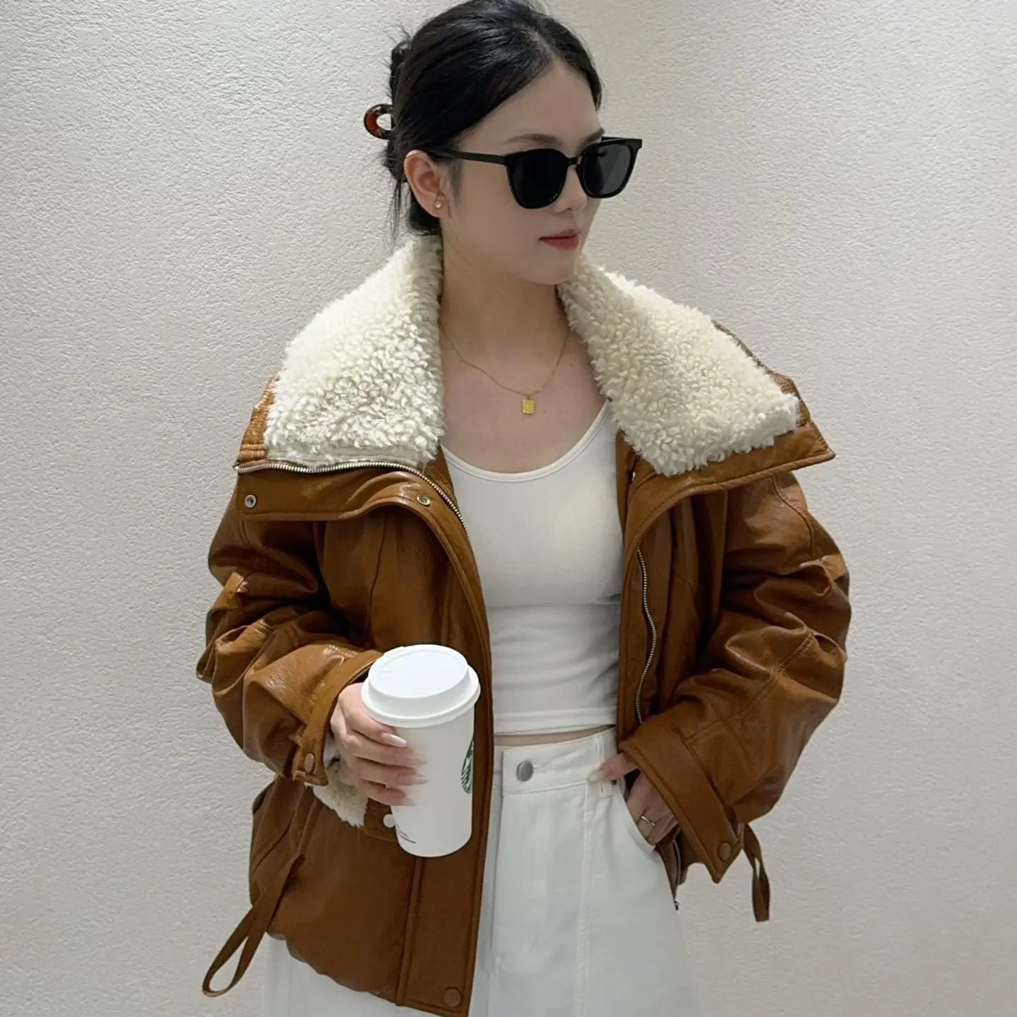 米粒家9555冬季加厚羊羔毛领皮衣女短款保暖外套时尚韩版夹克防风