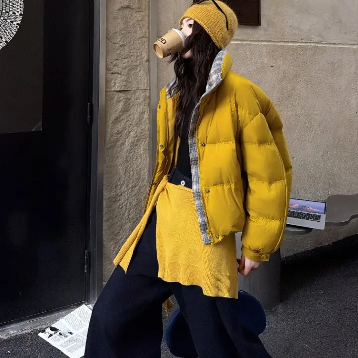 【HT家】【新国标90白鸭绒绒】冬季新款韩系拼接格子立领短款羽绒外套