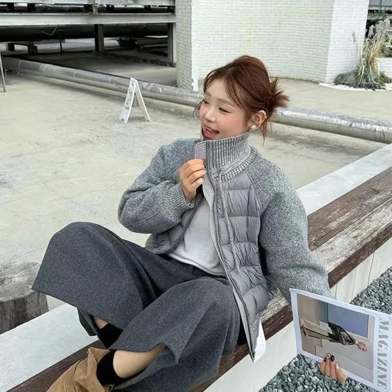 灰色针织拼接立领加厚百搭女冬季韩系外套