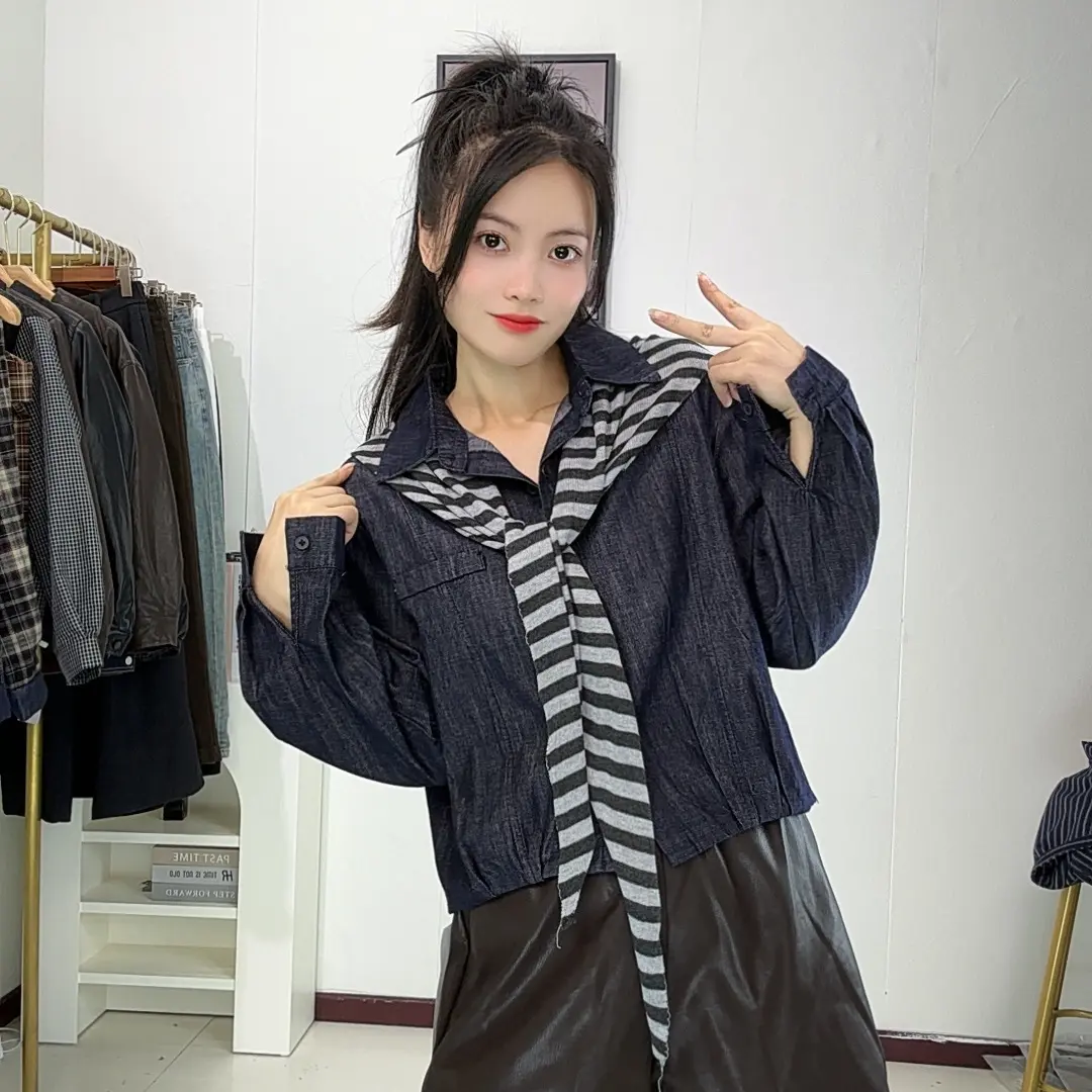 早秋季新款带条纹披肩薄款牛仔长袖衬衫外套女短上衣