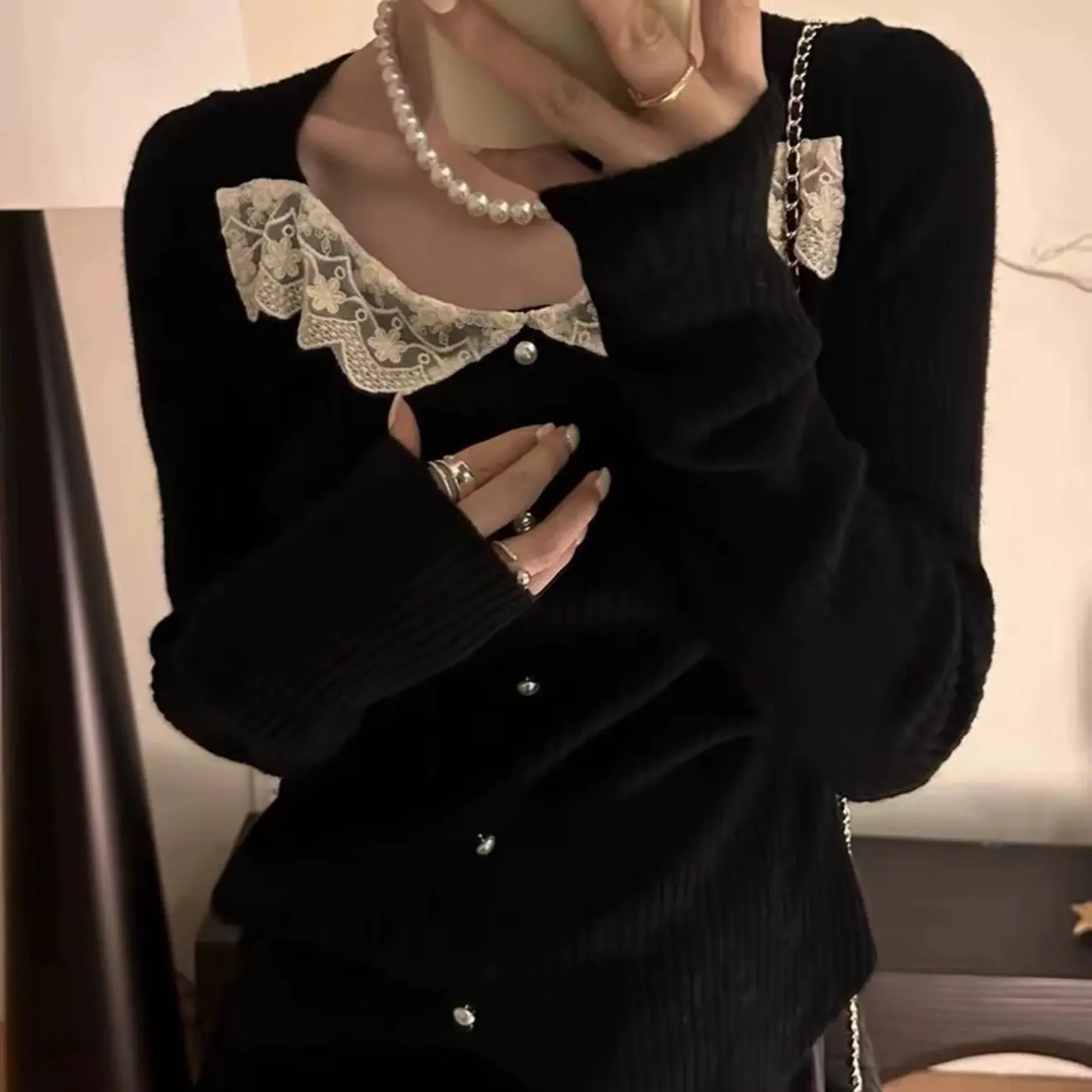 2025针织衫常规针织休闲风ins长袖蕾丝法式毛针织衫气质