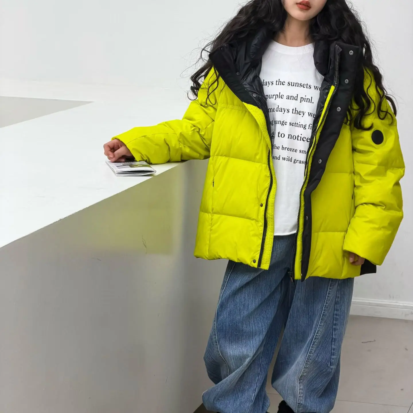 【mc潮羽绒服】冬季新款男女童洋气绿拼黑连帽帅气白鸭绒羽绒服披萨