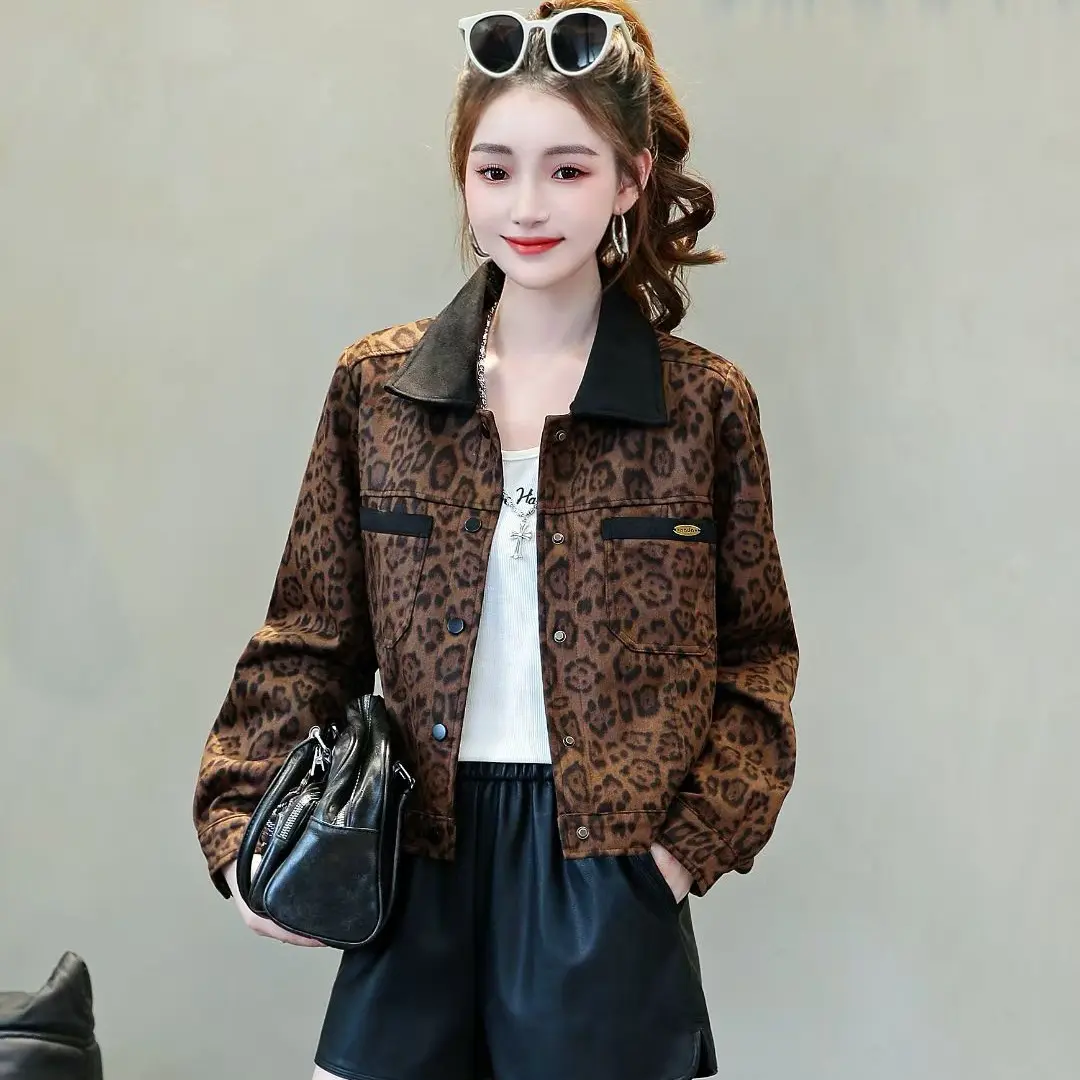 韩版时尚复古豹纹翻领短款外套女春秋百搭显瘦小个子夹克上衣