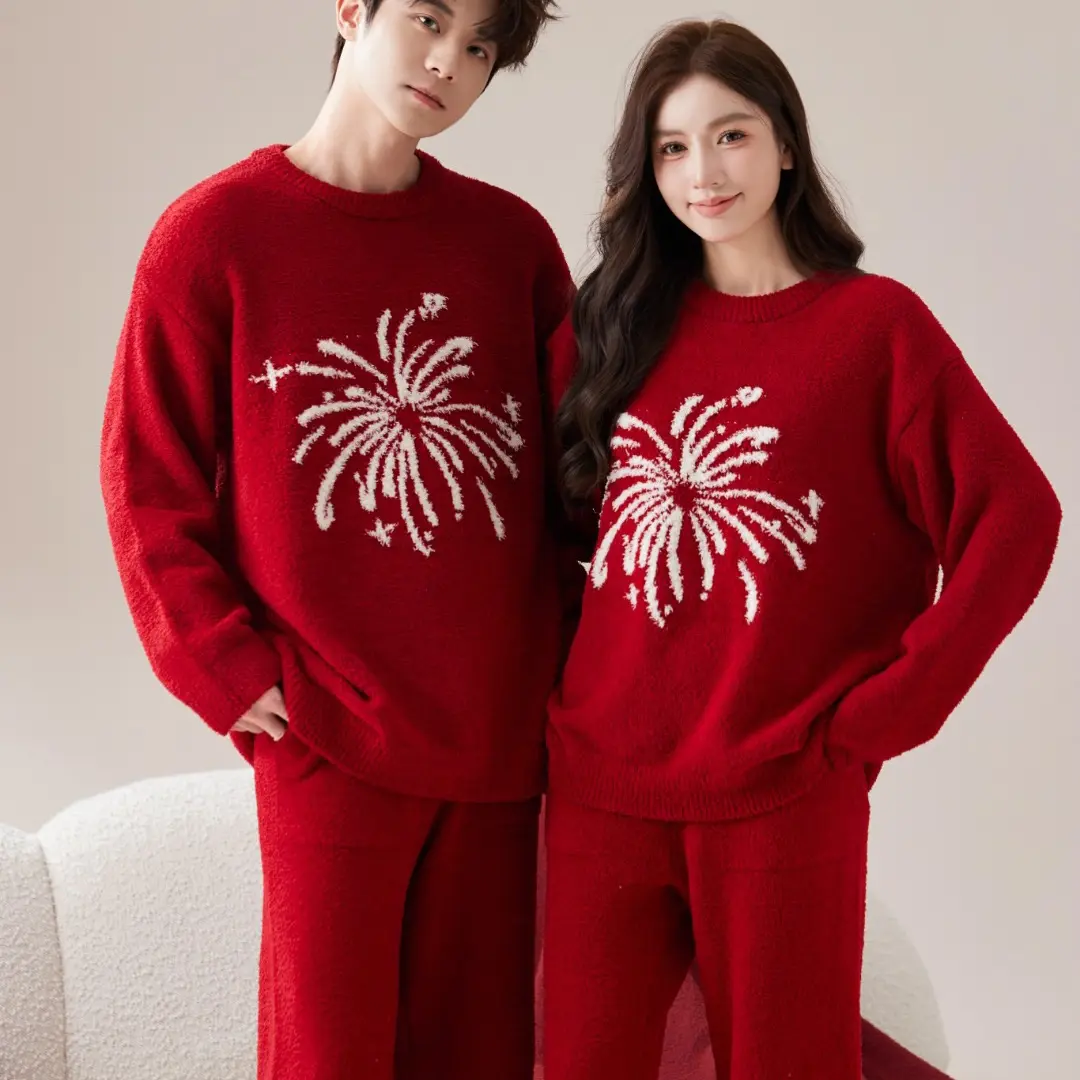 {红色套头闪亮花花}女冬季保暖可外穿半边绒睡衣家居服套装