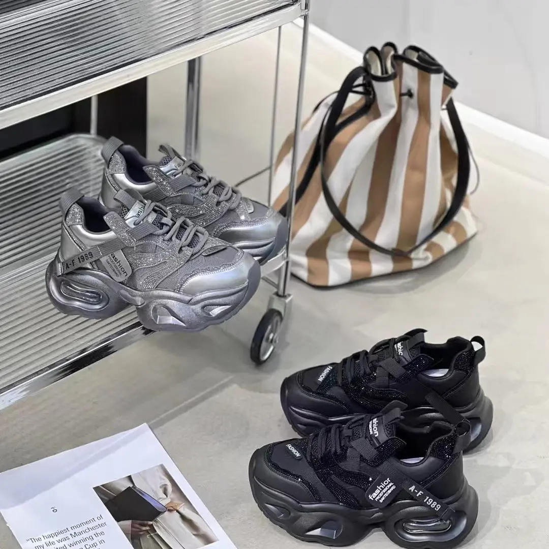 亮钻全皮加厚不加绒厚底老爹鞋女ins百搭休闲老爹鞋